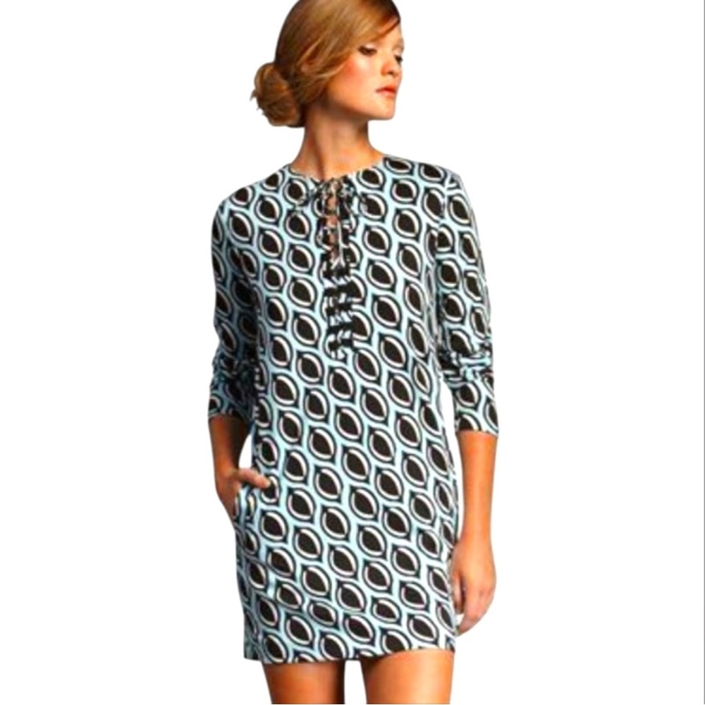 Diane Von‎ Furstenberg Silk Geometric Print Lace-Up Mini Dress Size 4 Blue Black